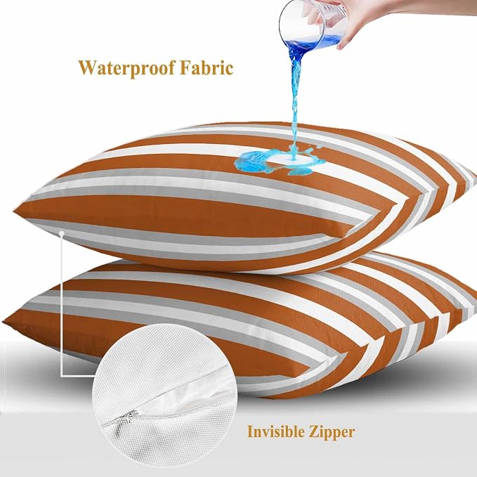 Throw Pillow Covers 24x24 Inch Set of 2, Burnt Orange Grey Stripe Waterproof Outdoor Pillow Covers, Minimalist Farmhouse Striped Decorative Cushion Pillowcases for Couch, Sofa, Bed, Garden, Patio