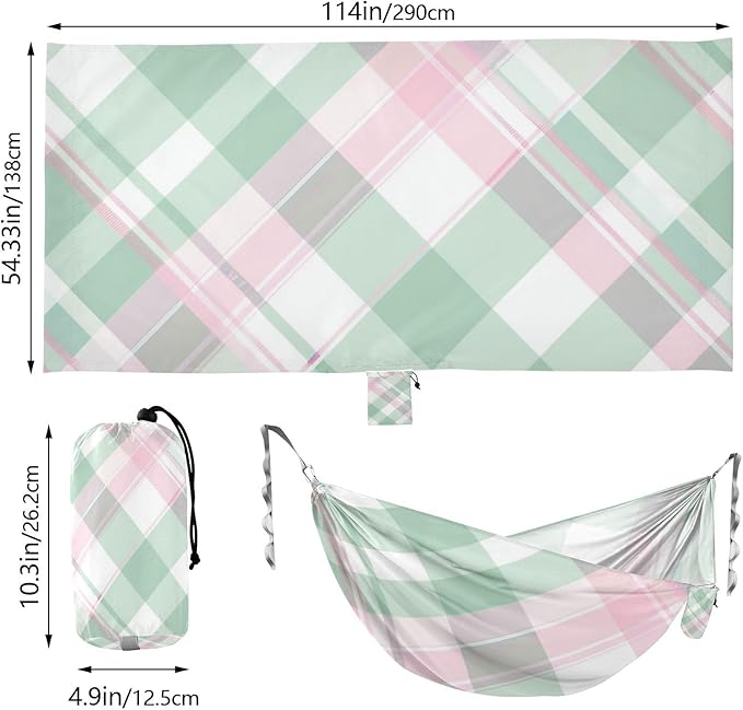 Mint Green and Pink Plaid 330lb Capacity Hammocks for Camping with Hanging Rope Indoor Hammock for Camping Travel Accessories hamacas para adultos con soporte