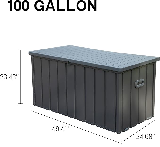 100 Gallon Outdoor Storage Deck Box Waterproof, Large Patio Storage Bin for Outside Cushions, Throw Pillows, Garden Tools, Lockable (Dark Gray)