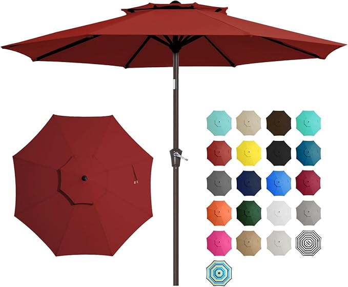 JEAREY 9 ft 2-Tiers Patio Umbrellas Outdoor Table Market Umbrella w/Push Button Tilt/Crank, 8 Sturdy Ribs, UV Protection Waterproof Sunproof(Red)