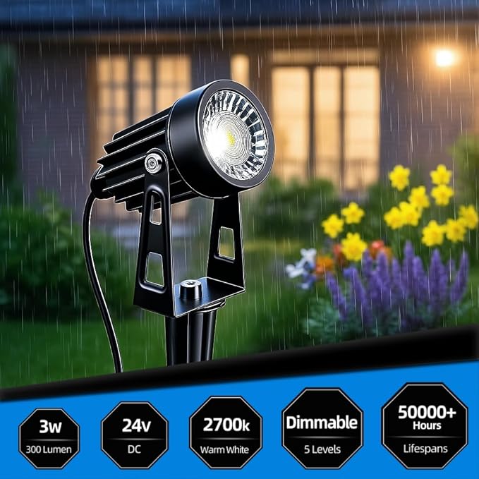All-in-One Low Voltage Landscape Lighting, Dusk to Dawn Transformer Timer, Waterproof Spotlights, Dimmable LED Outdoor Landscaping Lights Kit for Yard Backyard Tree House 24V (8 pack warm white)