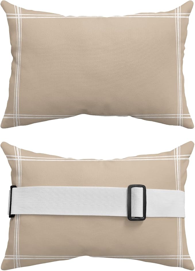 T&H XHome Outdoor Pillow for Chaise Lounge Chair, Solid Color Light Khaki Waterproof Headrest Pillow Lumbar Pillows with Insert & Adjustable Elastic Strap for Beach, Poolside, Patio, Office (2 Pack)