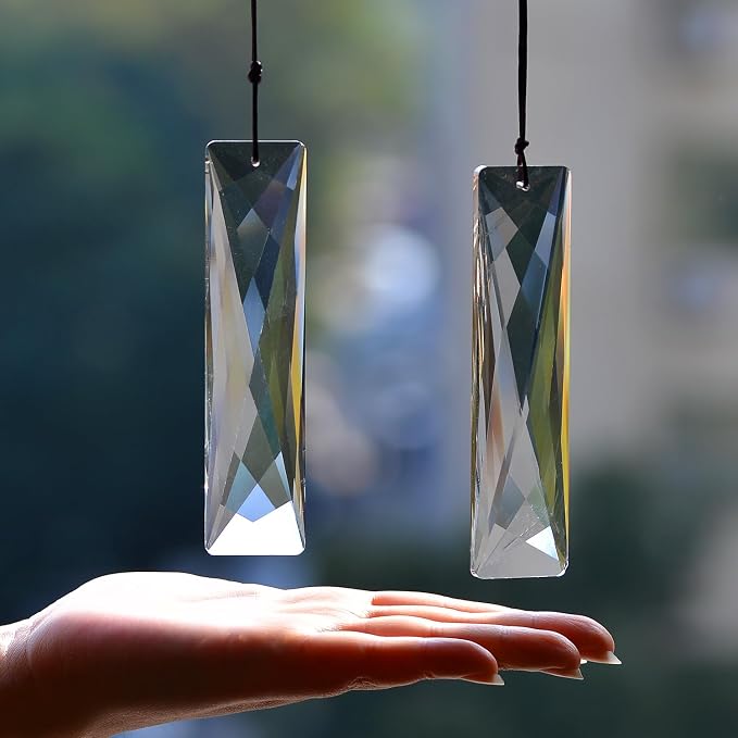 2PCS Long Crystal Suncatcher Prisms for Windows (Net Rec Clear) | Clear, Transparent, K9 Glass, Rainbow Maker, with Hooks & Cord