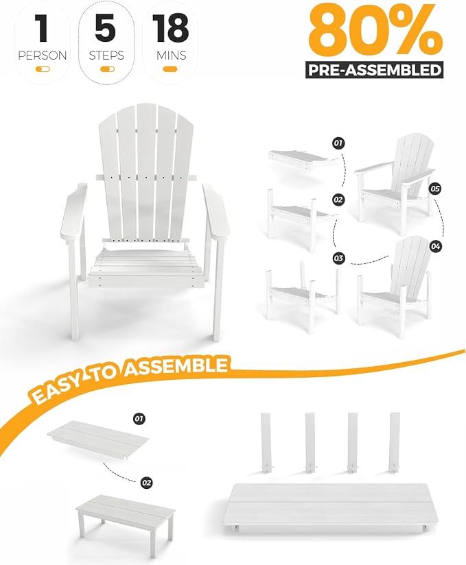nevilywood 3-Piece HDPE Adirondack Chair Set, 2 Stackable Chairs Coffee Table, All-Weather Wood Grain, Patio Garden Backyard,White
