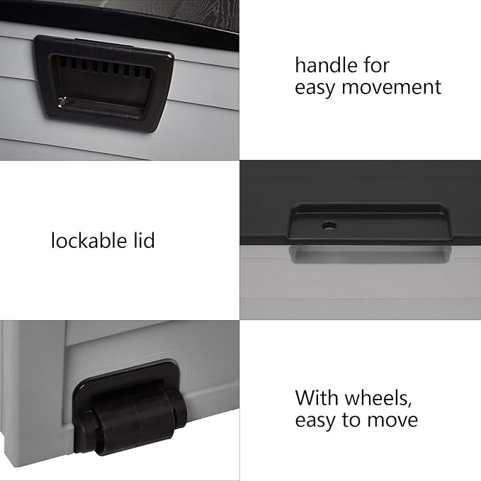 75-Gallon Outdoor Storage Bench with Wheels, Heavy-Duty Waterproof Deck Box for Patio, Garden, and Pool Organization (Black lid + gray box)