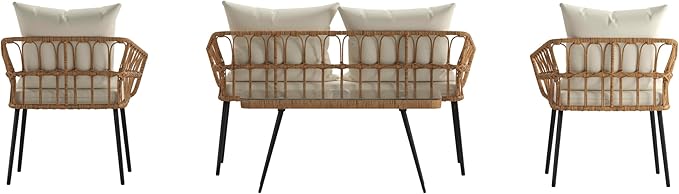 Flash Furniture Evin Boho 4 Piece Patio Conversation Set - Natural Rope Rattan - Cream All-Weather Cushions - Tempered Glass Top Coffee Table - Indoor/Outdoor