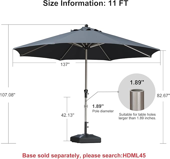PURPLE LEAF 11' Round Patio Umbrella, Aluminum Outdoor Umbrella for 3 Year Fade Resistant, Sturdy Market Umbrella for Deck Garden, Patio, or Lawn