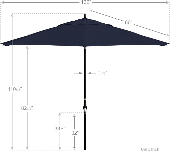 California Umbrella 11Ft Fiberglass Rib Patio Umbrella, Hand-Crank, Tilt-Collar, Black Frame, Solution Dyed Navy Fabric