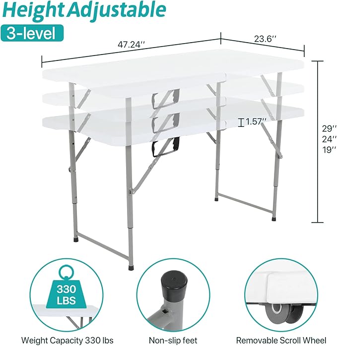 Dkeli Folding Table 4 ft | Portable Plastic Picnic Table | Adjustable Height Heavy Duty Dining Folding Table for Indoor Outdoor Camping, Party | Fold in Half with Handle and Steel Legs - White