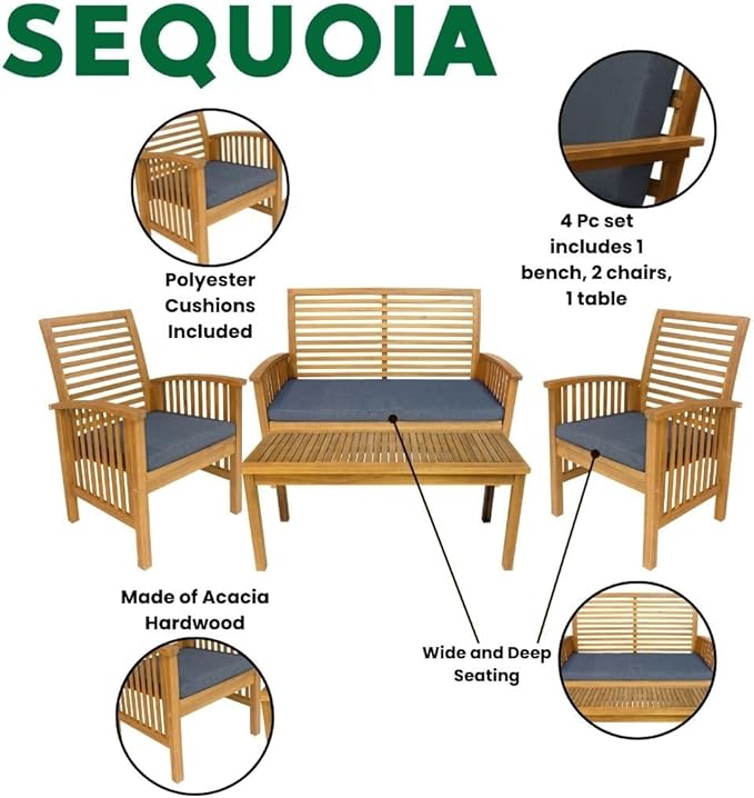 Leigh Country Sequoia 4-Piece Conversation Set, Wooden Outdoor Patio Furniture for Porch/Patio/Deck