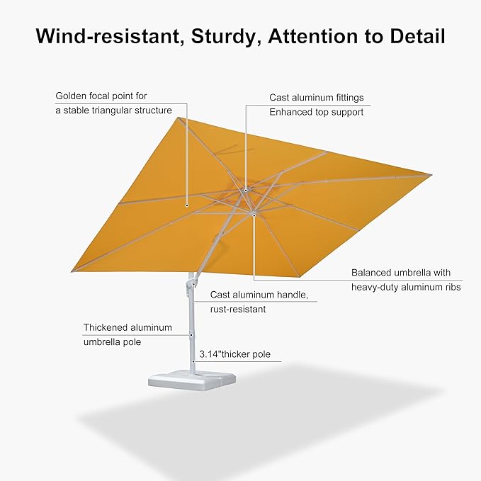PURPLE LEAF 9' × 11.5' Patio Umbrella With Base White Cantilever Umbrella Square Outdoor Offset Umbrella Windproof with 360° Rotation for Garden Deck Pool, Yellow