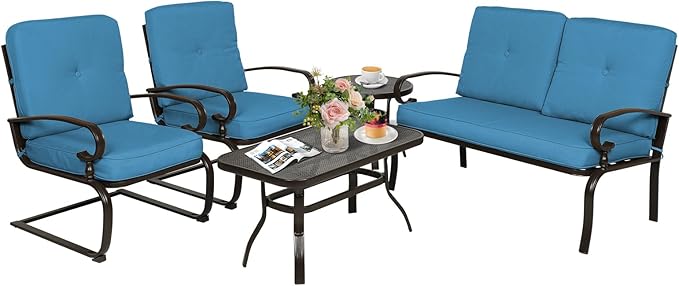 Oakcloud 5Pcs Metal Outdoor Furniture Patio Conversation Set (Loveseat, Coffee Table and Bistro Table, 2 Spring Chair) -Wrought Iron Patio Chair Set with Cushions (Blue)