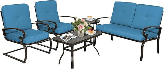 Oakcloud 5Pcs Metal Outdoor Furniture Patio Conversation Set (Loveseat, Coffee Table and Bistro Table, 2 Spring Chair) -Wrought Iron Patio Chair Set with Cushions (Blue)
