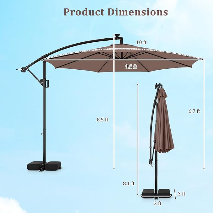 HAPPYGRILL 10 FT Offset Hanging Umbrella with Multi-Colored Flowing LED Lights, 9 Light Modes, Outdoor Patio Cantilever Umbrella with Base, Easy Tilt, 360° Rotation, Crank