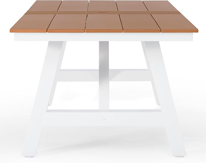 Costaelm Outdoor Dining Tables for Patio, 72" Rectangle 6-Person HDPE Dining Table with Umbrella Hole and Metal Frame for Outside, Garden, Poolside, Backyard, Porch, Balcony, Teak