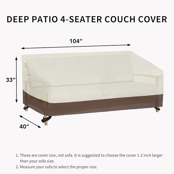 Easy-Going Waterproof Outdoor Couch Cover, Heavy Duty 3-Seater Patio Sofa Cover, Winchdproof Outdoor Furniture Cover with Air Vent (104Wx40Dx33H inch, Beige/Dark Brown)