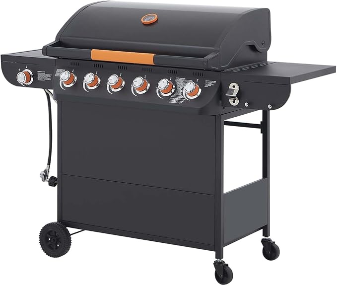 6-Burner Propane Gas BBQ Grill with Side Burner, 72,000 BTU Stainless Steel Barbecue Grill with Cast Iron Grates and Side Table for Outdoor Cooking Kitchen Patio