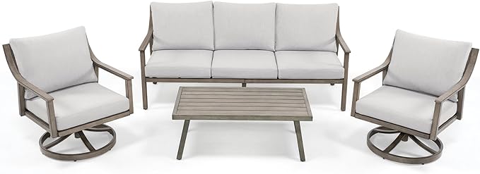 HAPPATIO 4-Piece Outdoor Patio Furniture Set for 5, Aluminum Outdoor Conversation Set Includes 1 Three-Seater Sofa, 2 Swivel Chairs, and 1 Coffee Table, Perfect for Porch, Deck, Garden, (Grey)