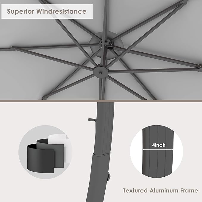 ENSTVER 11FT Cantilever Patio Umbrella With Base Included, Round Large Aluminum Outdoor Cantilever, Heavy Duty Offset Umbrella with 360°Rotation for Pool, Deck, Backyard, Garden(Grey)