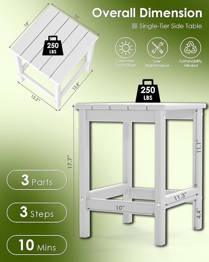 GREENVINES Adirondack-Outdoor-Side-Table | Single-Tier | 14 x 13 Inches | HDPE Plastic | All Weather | White | Outside End Tables | for Patio Porch Backyard Indoor