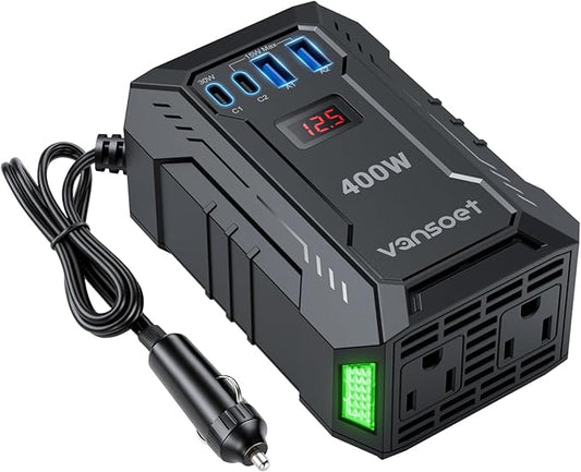 400W Car Power Inverter DC 12V to 110V AC Inverter with PD 30W/15W USB C+2*USB A Ports & 2 AC Outlets, Car Plug Adapter Outlet for Laptop/Phone/Road Trip