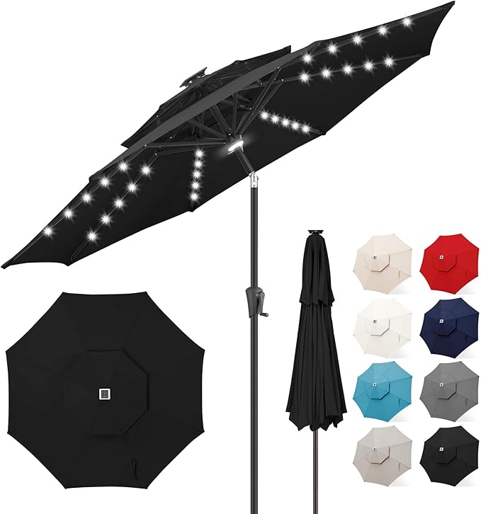 FLAME&SHADE 2 Tiers 9ft Solar Light Patio Umbrella, 40 LED Lights Outdoor Umbrella with Centre Surround Light, Table Market Umbrella for Deck, Pool, Porch, Backyard, Garden (Black)