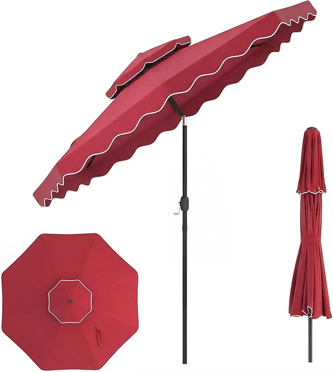 Happygrill 9 FT Patio Umbrella, Scalloped Outdoor Table Market Umbrella with Push Button Tilt & Crank, 2-Tier Vented Top, Heavy-Duty 8 Metal Ribs, Sun-Protective Canopy, Ruffle for Deck Pool Garden (Red)