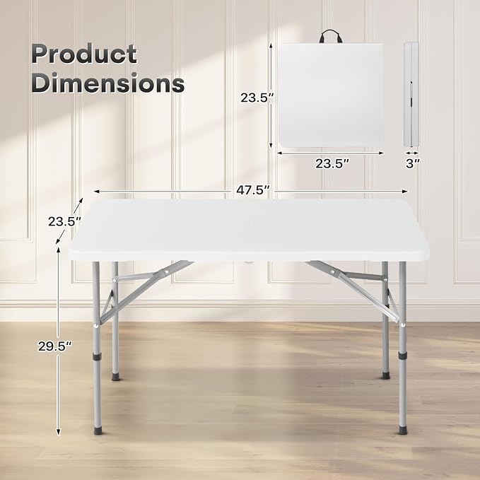 Athena Collection 4ft Folding Table, Lightweight Portable Desk with Handle, Square Foldable Plastic Table for Card Games, Collapsible Dining, Indoor Outdoor Camping Picnic & Party Use, White