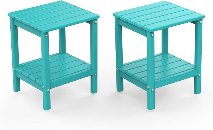 BRIOPAWS Outdoor-Side-Tables | Set of 2 | Small | HDPE Plastic | Patio End-Table | 2-Shelf Adirondack Outside Tables | All Weather | for Poolside Front Porch Indoor Living Room | 14" x 13" | Aqua