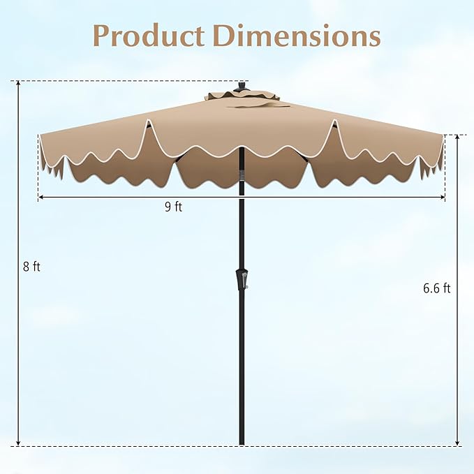 Tangkula 9Ft Patio Umbrella with Crank, 2-Tier Outdoor Umbrella with Push Button Tilt, Sun-Protective Canopy, 8 Ribs, Scalloped Patio Umbrella for Outdoor Beach Deck Pool Table (Coffee)