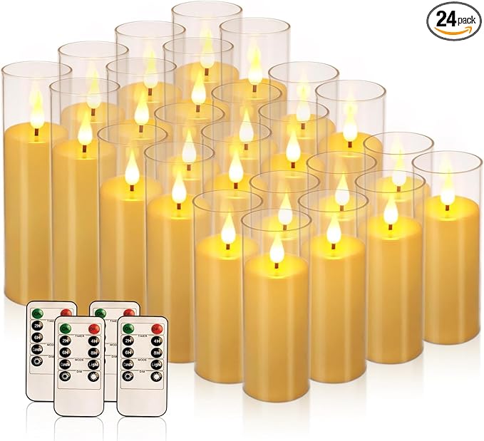 Enpornk Set of 24 Flameless Led Battery Opeated (D2.2'' x H5''6''7'') Realistic Moving Wick Candles with 10-Key Remotes and Cycling 24 Hours Timer