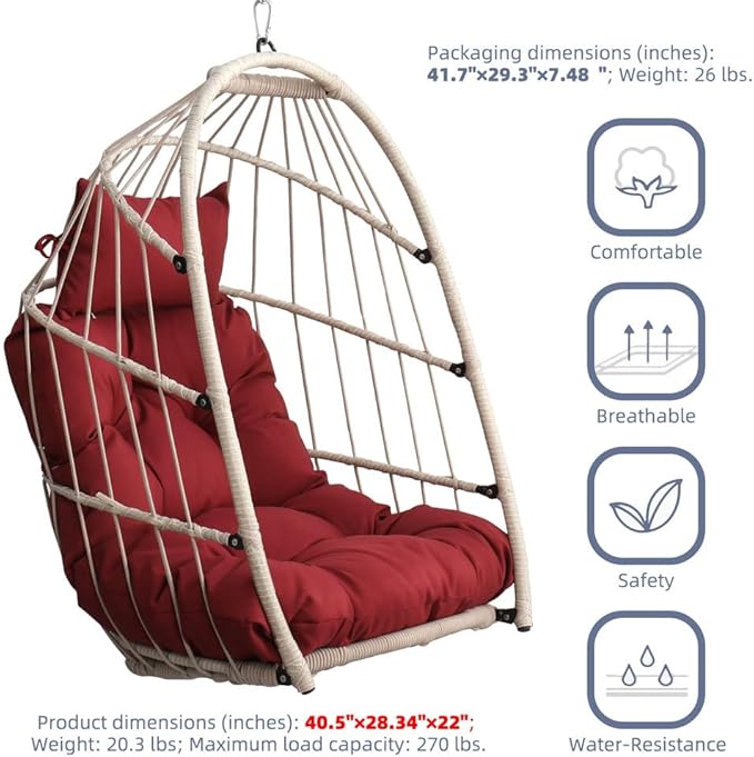 Hanging Egg Chair Without Stand – Foldable Rattan Wicker Swing Chair with Cushion & Headrest, 350lbs Capacity, Ceiling/Tree Mount Kit Included for Indoor Outdoor Use,Red