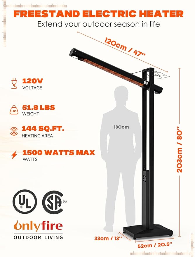 onlyfire FlexRay Heater - 80" Electric Infrared Patio Heater for Indoor & Outdoor Use, Freestanding Heater with Magnetic Remote & Cover, 3 Heat Modes + Light Mode,1500W, Overheat & Tip-Over Protection