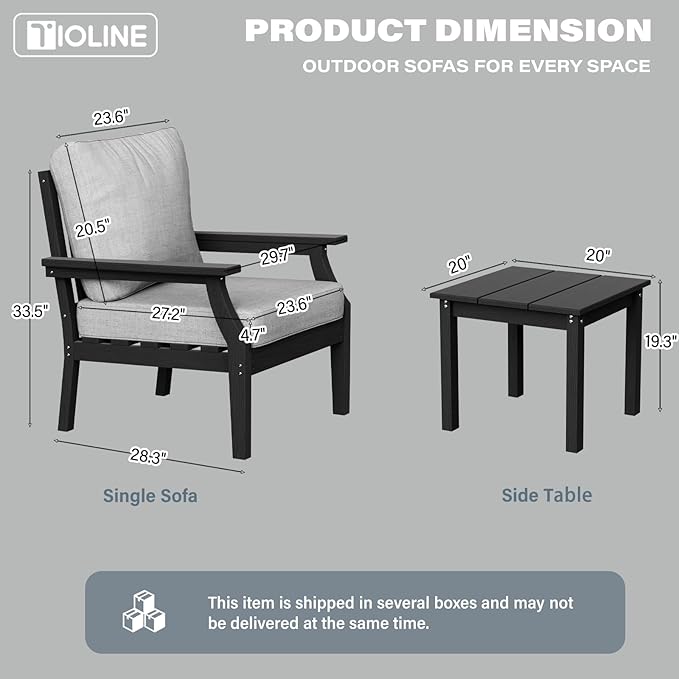 HDPE Patio Conversation Set, 3-Piece All Weather Outdoor Furniture Set with 2 Single Sofas for Deck, Lawn, with Cushion, Black