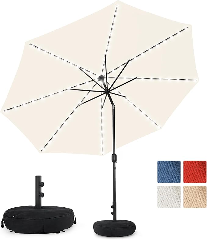 Sundale Outdoor OLEFIN LED Solar Patio Umbrella with Sand Bag Umbrella Base, Outdoor Umbrella with Tilt and Crank