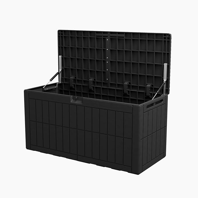 100 Gallon Outdoor Storage Box, Water Proof Resin Deck Box with Lockable Lid, Patio Furniture Storage Container for Cushions, Pool Accessories, Garden Tools, Black