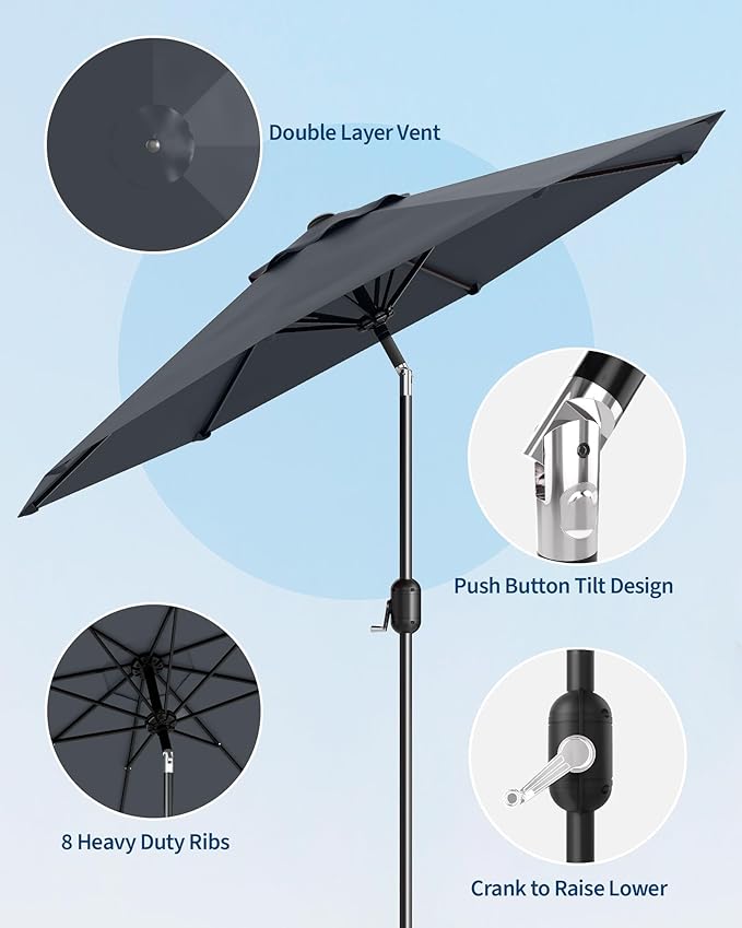 GarveeLife Outdoor Patio Umbrella, Table Market Umbrella with Push Button Tilt and Crank, 8 Sturdy Ribs UV Protection Waterproof for Garden, Deck, Backyard, Pool
