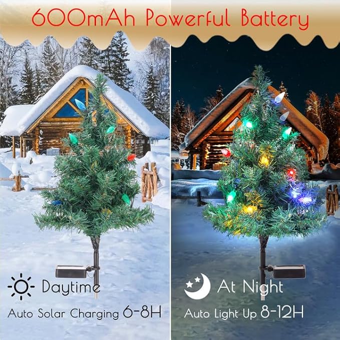 ULAROOM Solar Christmas Tree Lights Decorations- Christmas Outdoor Waterproof Xmas Tree Pathway Stake Lights with 20 Strawberry LED Lights in 4 Colors for Garden/Patio/Lawn/Yard,Ornament 4 Packs