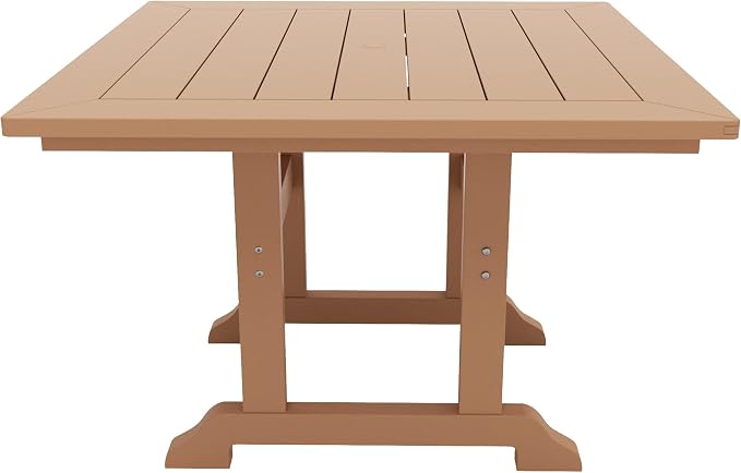 WestinTrends Malibu Outdoor Dining Table, All Weather Poly Lumber Adirondack 43" Trestle Square Patio Table with Umbrella Hole, Teak