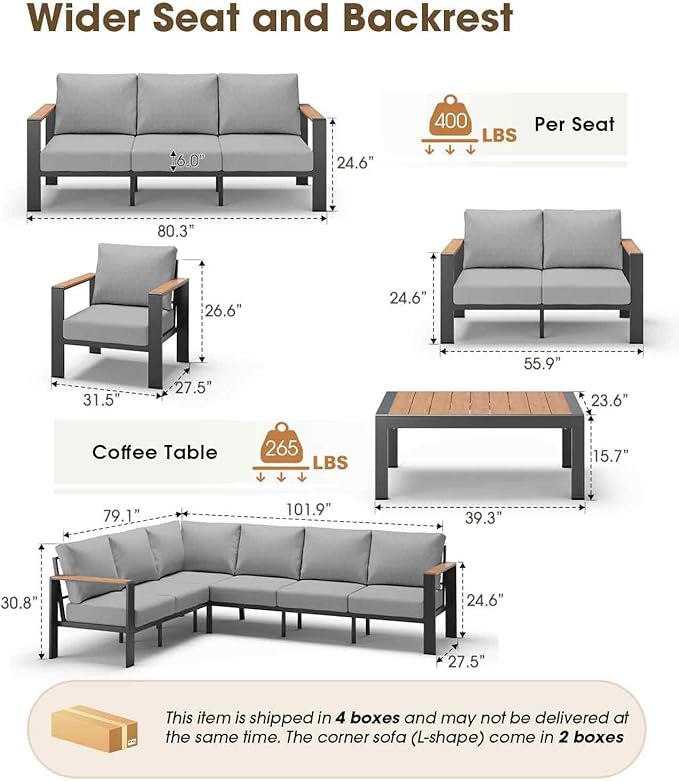 Aluminum Outdoor Patio Furniture Set, 8 Seats Patio Conversation Sets, Oversized Outdoor Sectional with Washable Thick Cushions & Coffee Table for Backyard, Garden and Poolside, Gray