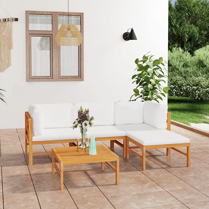 Patio Lounge Set with with Cream Cushions,Patio Furniture Sets,Patio Conversation Sets,Outdoor Furniture Sets,for Garden,Backyard,Outdoor,5 Piece Solid Teak Wood