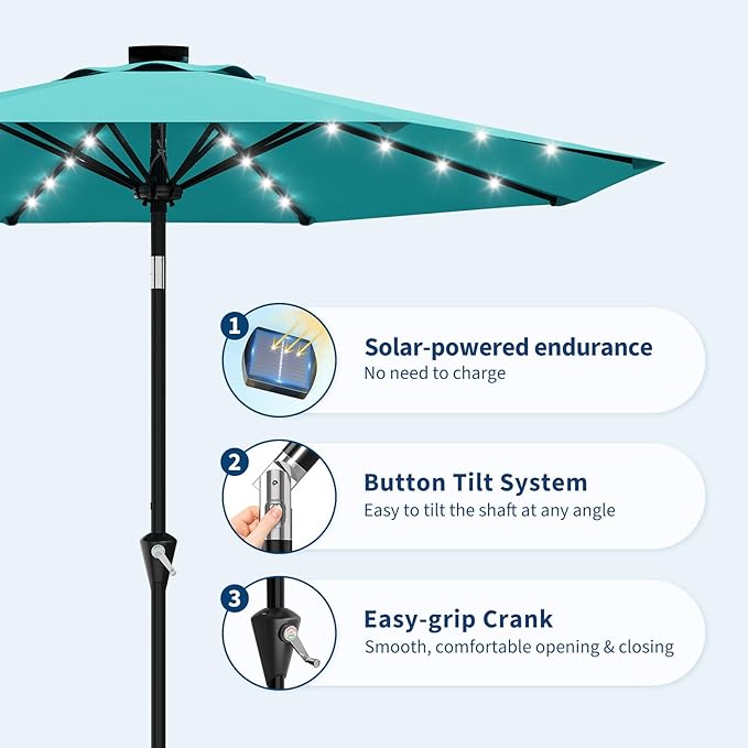 Garvee 10FT Solar Patio Umbrella with 32 LED Lights - Outdoor Table Umbrella with Crank Lift, Push Button Tilt and 8 Sturdy Ribs - Market Umbrella UV Protection for Pool, Deck, Yard, Garden -Sky Blue