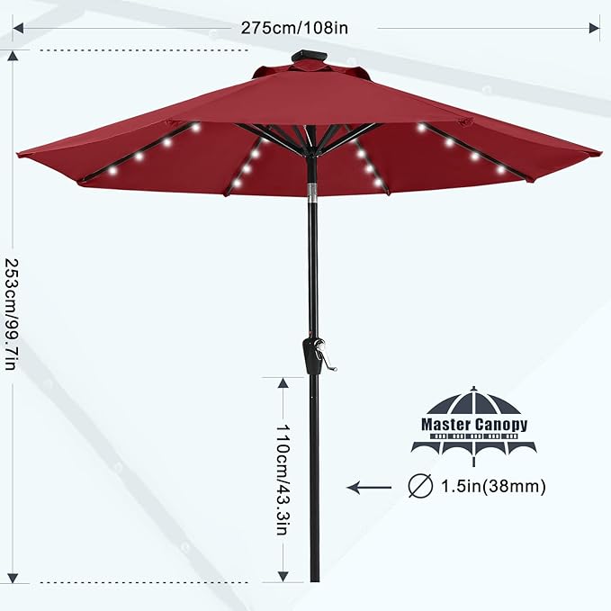 MASTERCANOPY 9FT 8Ribs Patio Umbrella with 32 Solar LED Lights, Outdoor Market Umbrella with Tilt & Crank, UV Protection & Fade Resistant Fabric, Easy Set-Up for Garden, Deck, Pool (Burgundy)