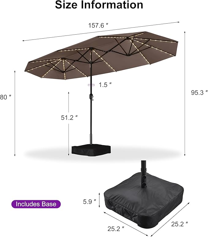 PURPLE LEAF 13ft Patio Market Umbrella with Solar LED and Base Double-Sided Rectangle Outdoor Table Sun Umbrellas with Crank for Pool Beach Deck Backyard Taupe