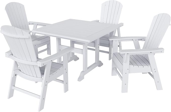 WestinTrends Dylan Adirondack Patio Dining Set for 4, All Weather Poly Lumber Outdoor Table and Chairs Set of 4, 43" Trestle Square Dining Table and Seashell Adirondack Dining Chair, White