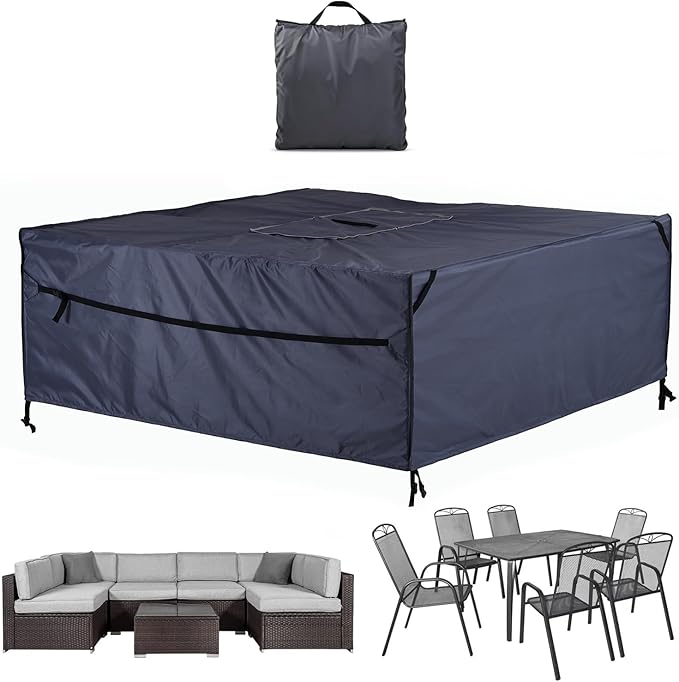 Patio Furniture Covers Waterproof - 420D Outdoor Table and Chair Set Cover with Built-in Storage Bag - Rectangular Patio Table Cover for 8-Seat Dining Set or Sectional Sofa - Darkgrey