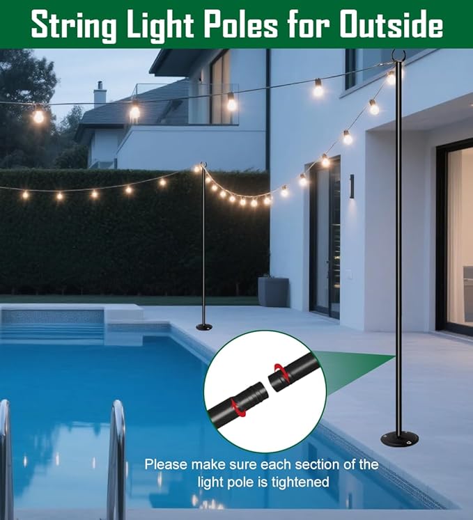 10ft String Light Pole for Hard Surfaces, Light Pole for Outdoor String Light, Perfect for Garden, Backyard, and Patio Lighting Stand for Parties, Wedding - Matte Black Finish - 1 Pack
