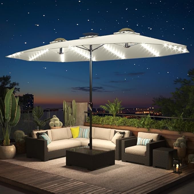 AECOJOY 15ft Patio Umbrella with Solar Lights, Outdoor Large Patio Umbrella with Crank Handle and 156 PCS LED Lights, Rectangular Market Umbrella for Backyard Deck Pool in Beige(1.9" Pole)