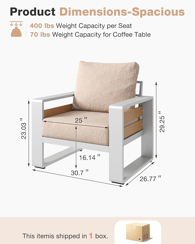 Aoxun Aluminum Patio Furniture Set, 2 Piece Luxury Outdoor Sectional with 6" Olefin Fabric Cushions, Patio Conversation Sets with Coffee Table Outdoor Sofas for Backyard, Porch Beige