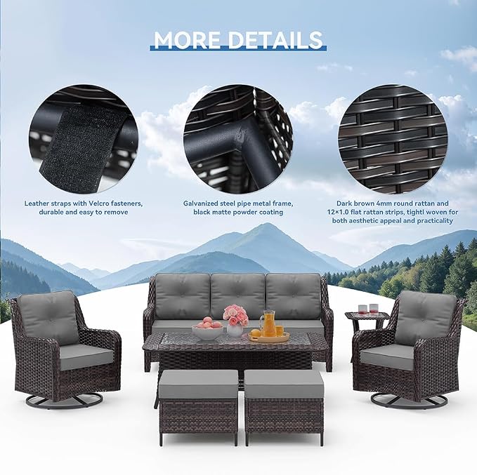 Kurapika 7-Piece Patio Furniture Set, Wicker Thick-Backed Outdoor Swivel Rocking Chair, Includes Coffee Table and Thick Cushions, Conversation Set for Porch,Patio, Gray